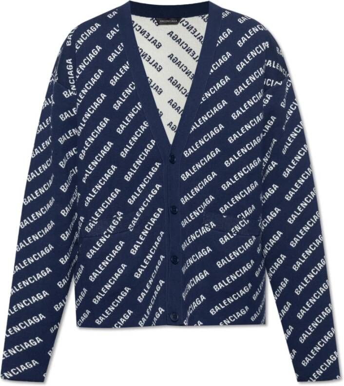 Balenciaga Blauwe Allover Logo Katoenen Cardigan voor Heren Blauw Heren