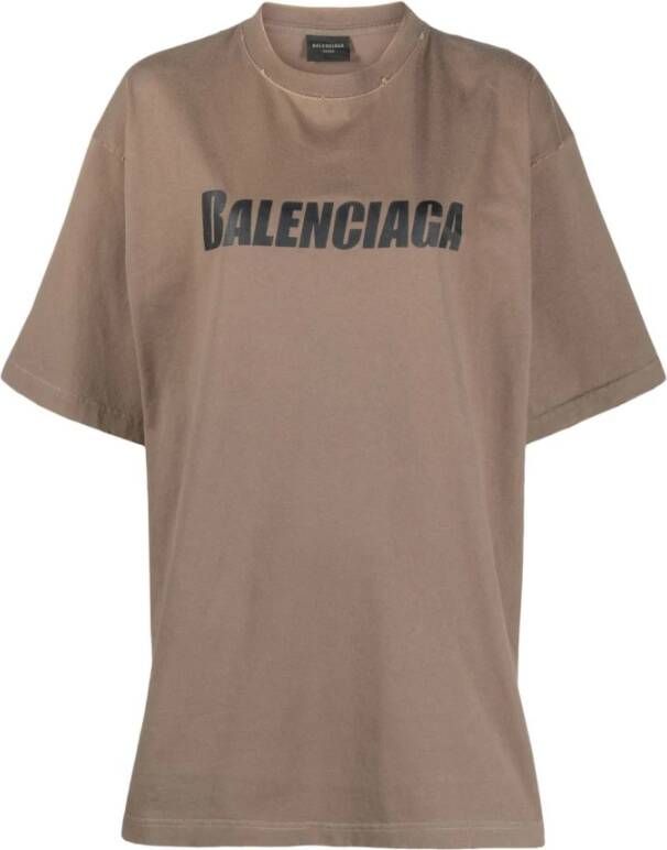 Balenciaga Logo-Print Katoenen T-Shirt in Duif Grijs Bruin Dames