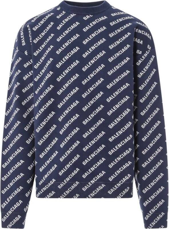 Balenciaga Logo Sweater met Geribbelde Crew-Neck Blauw Heren