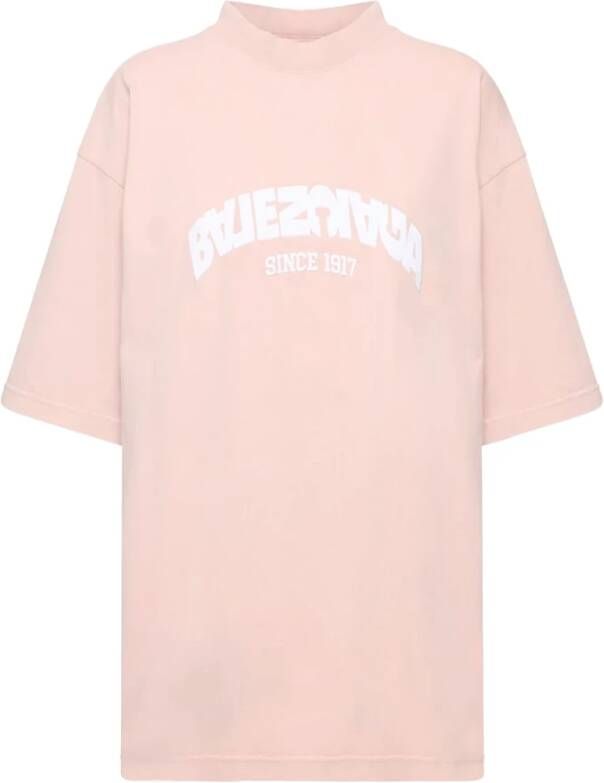 Balenciaga Roze Geribbelde T-shirt met Logo Borduursel Roze Dames
