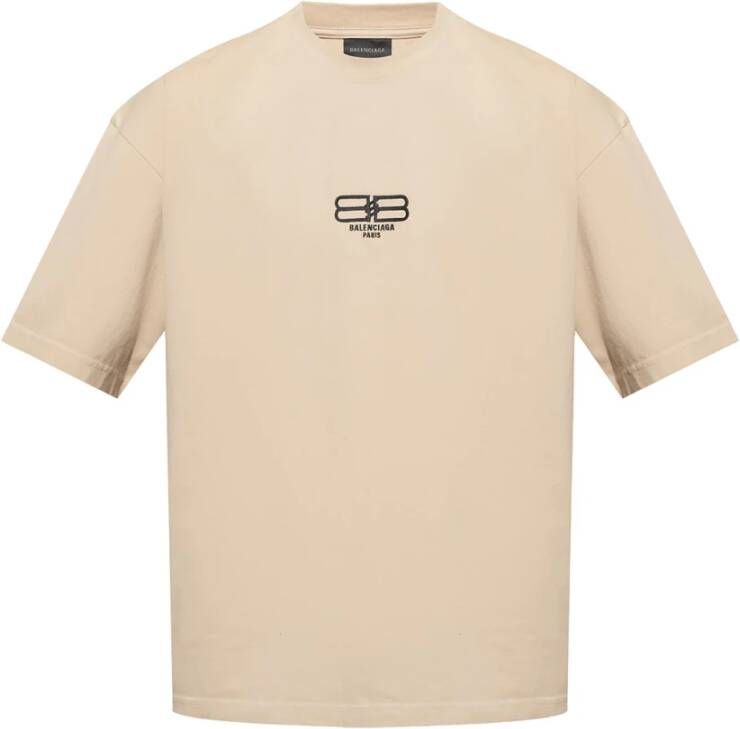 Balenciaga Logo Geborduurd T-Shirt Beige Heren