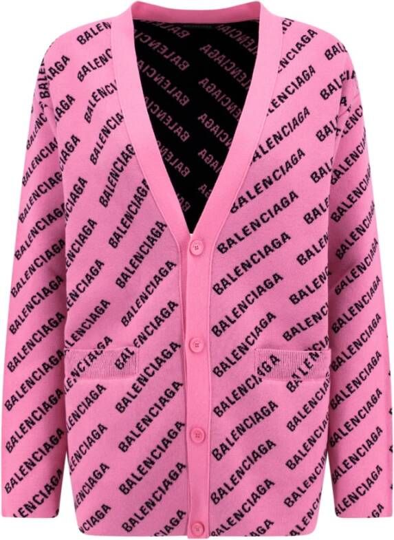 Balenciaga Wollen en katoenen cardigan met Allover logo Roze Dames