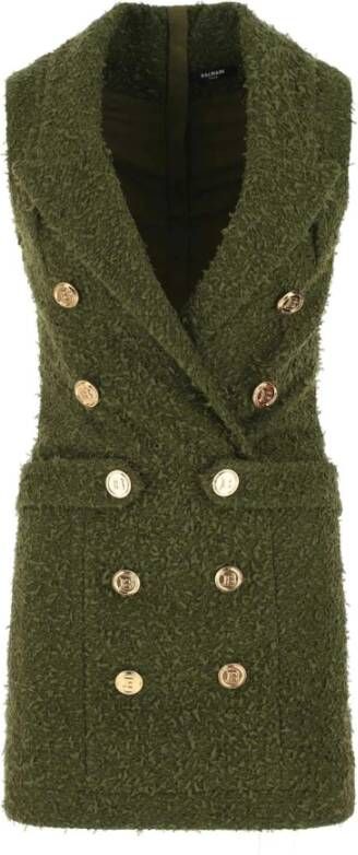 Balmain Army Green Tweed Blazer Jurk Groen Dames