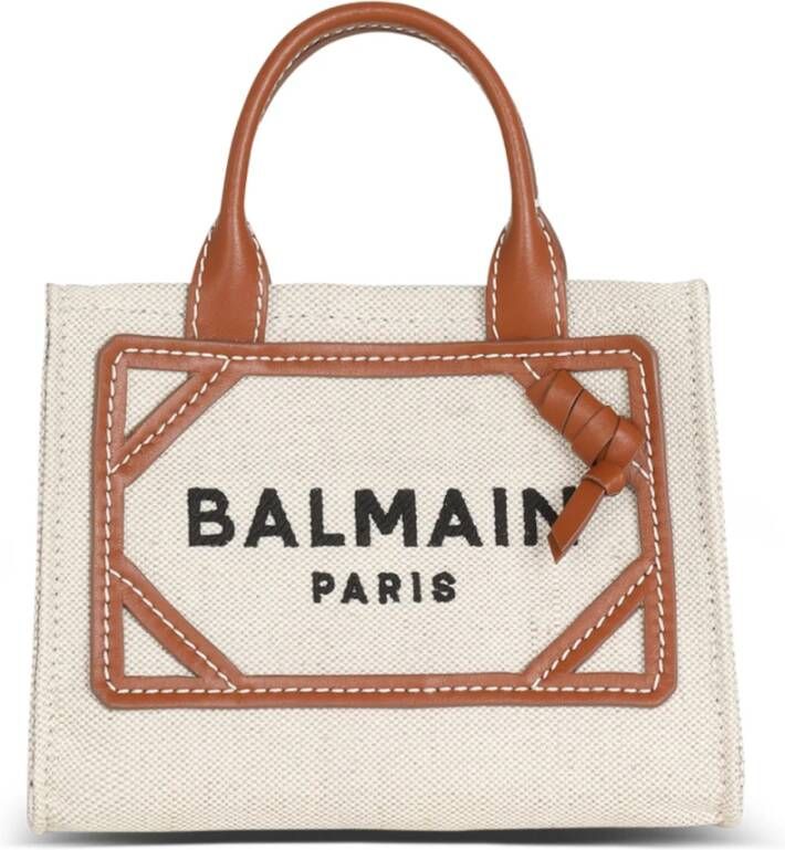 Balmain B-Army mini canvas shopping bag with leather inserts Brown Dames