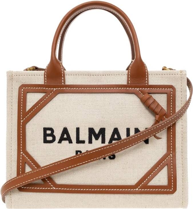 Balmain B-Army small canvas shopping bag with leather inserts Brown Dames
