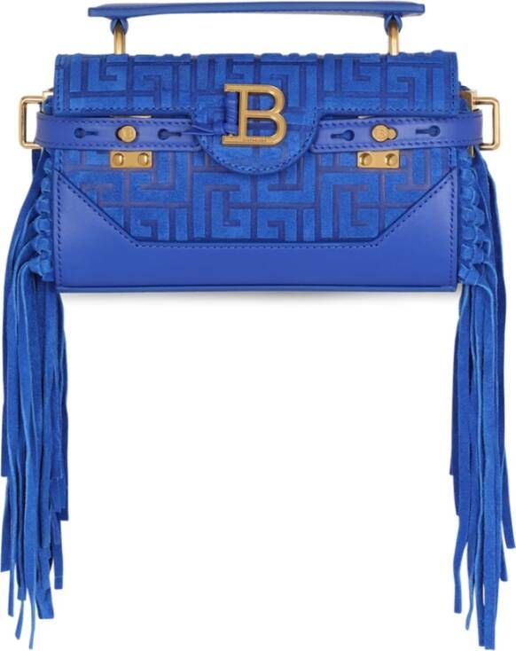 Balmain B-Buzz 19 tas met franjes en suède reliëf monogram Blue Dames