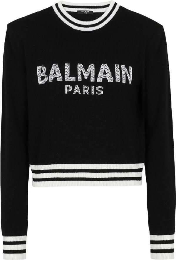 Balmain Sweatshirts Bijgesneden wollen sweatshirt met logo White Black Dames - Foto 2
