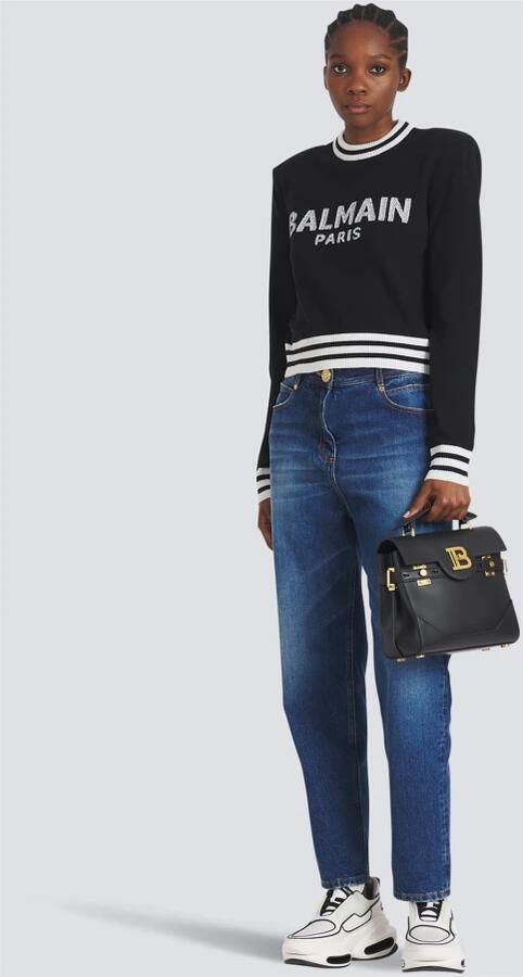 Balmain Sweatshirts Bijgesneden wollen sweatshirt met logo White Black Dames - Foto 3