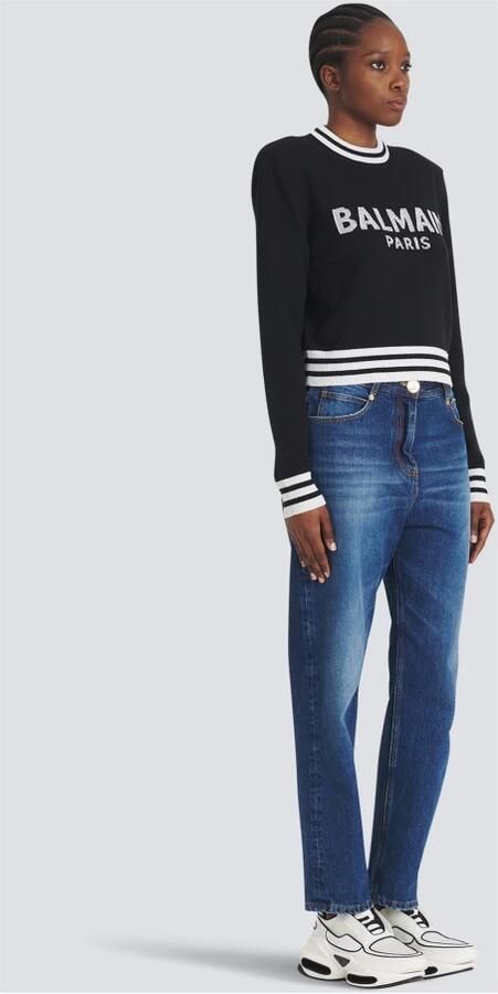 Balmain Sweatshirts Bijgesneden wollen sweatshirt met logo White Black Dames - Foto 6