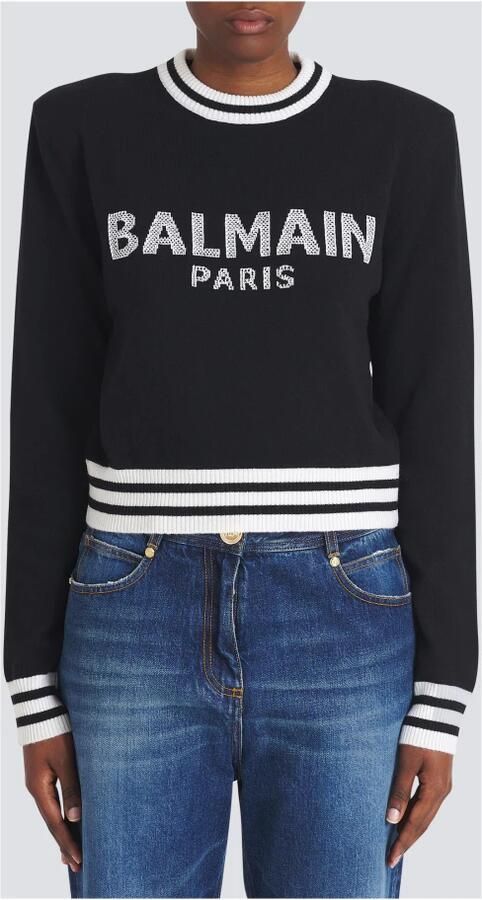 Balmain Sweatshirts Bijgesneden wollen sweatshirt met logo White Black Dames - Foto 4