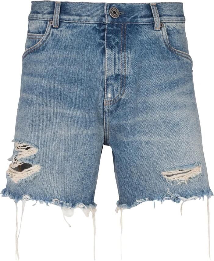 Balmain Blauwe Vintage Denim Shorts met Logo Borduursel Blue Heren