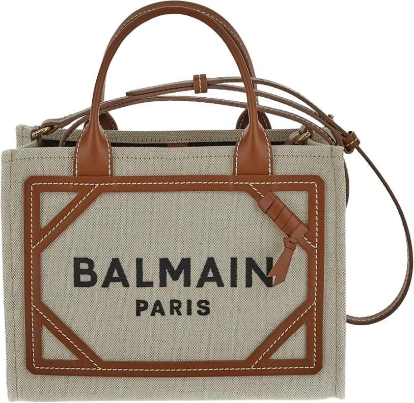 Balmain Monogram Katoenen Tote Tas met Leren Handvatten Brown Dames