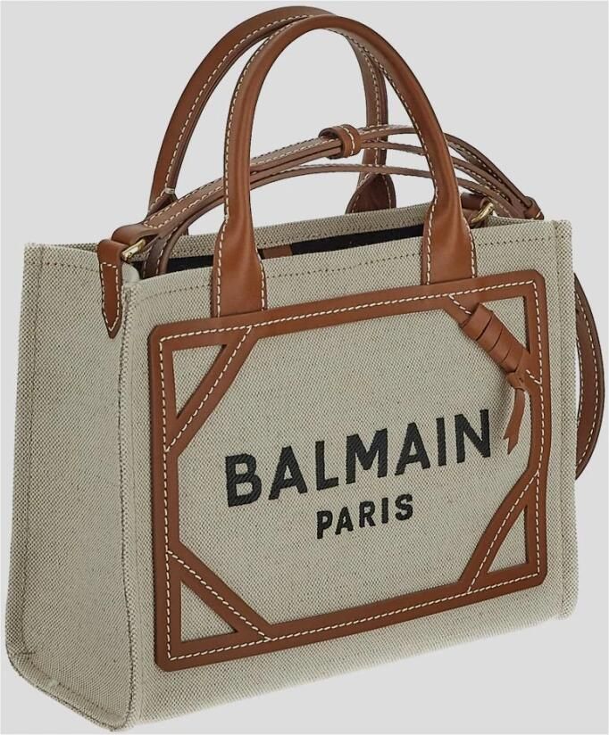 Balmain Monogram Katoenen Tote Tas met Leren Handvatten Brown Dames - Foto 4