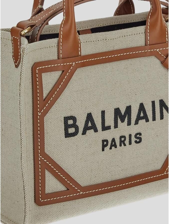 Balmain Monogram Katoenen Tote Tas met Leren Handvatten Brown Dames - Foto 3