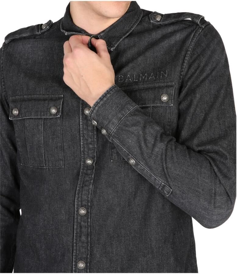 Balmain Denim Shirt met Franje Afwerking Black Heren