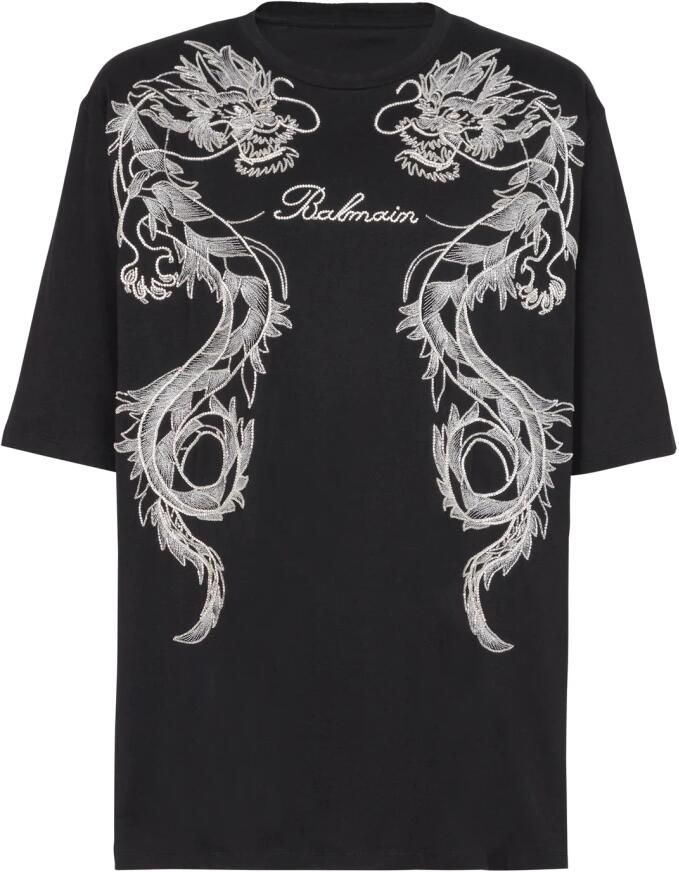 Balmain Geborduurde T-shirt met draak en strass-steentjes Black Heren