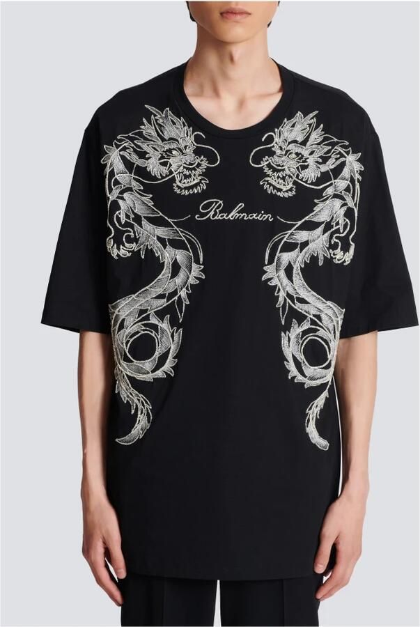 Balmain Geborduurde T-shirt met draak en strass-steentjes Black Heren - Foto 3