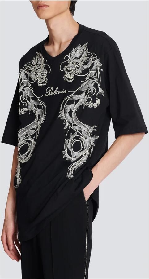 Balmain Geborduurde T-shirt met draak en strass-steentjes Black Heren - Foto 5