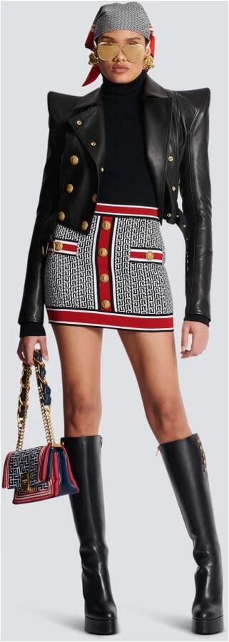Balmain Rode Gestreepte Hoge Taille Rok met Gouden Metalen Details Rood Dames