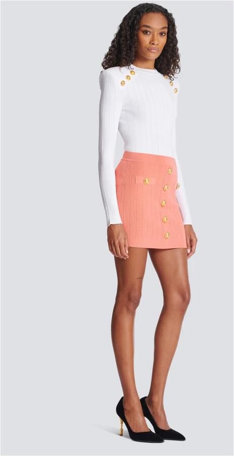 Balmain Geribbelde Gebreide Rok met Leeuwenkopknopen Pink Dames - Foto 3