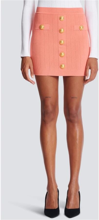 Balmain Geribbelde Gebreide Rok met Leeuwenkopknopen Pink Dames - Foto 5