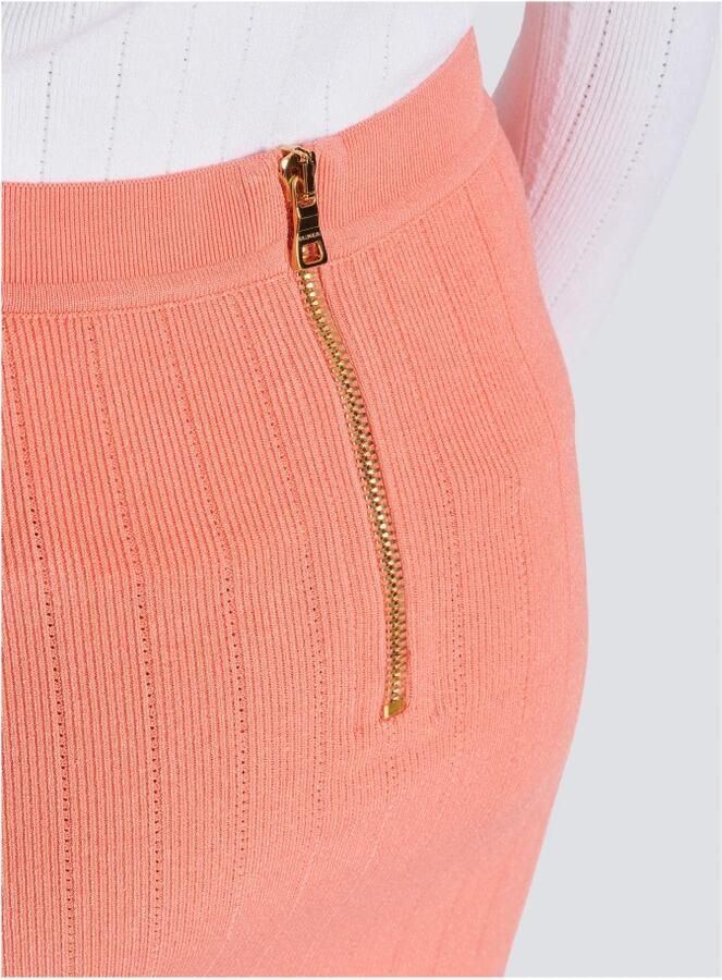 Balmain Geribbelde Gebreide Rok met Leeuwenkopknopen Pink Dames