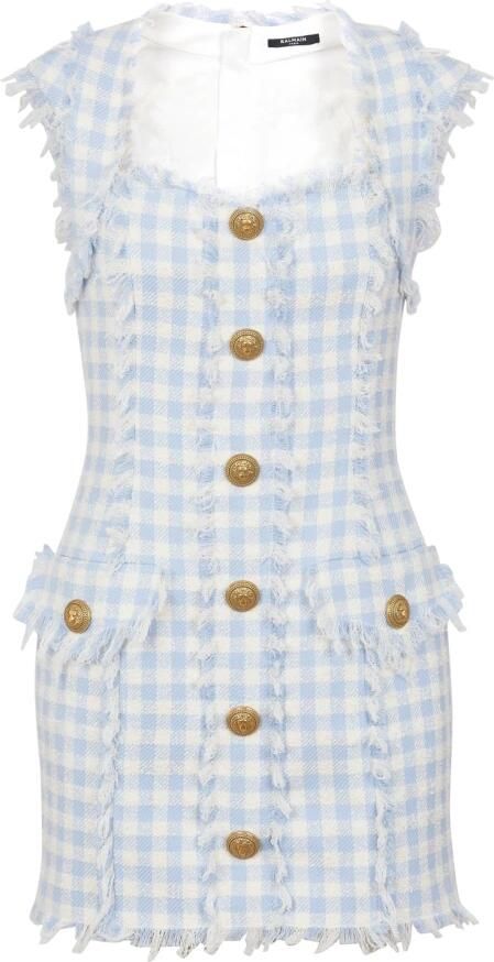 Balmain Lichtblauwe Vichy Tweed Mini Jurk Blue Dames