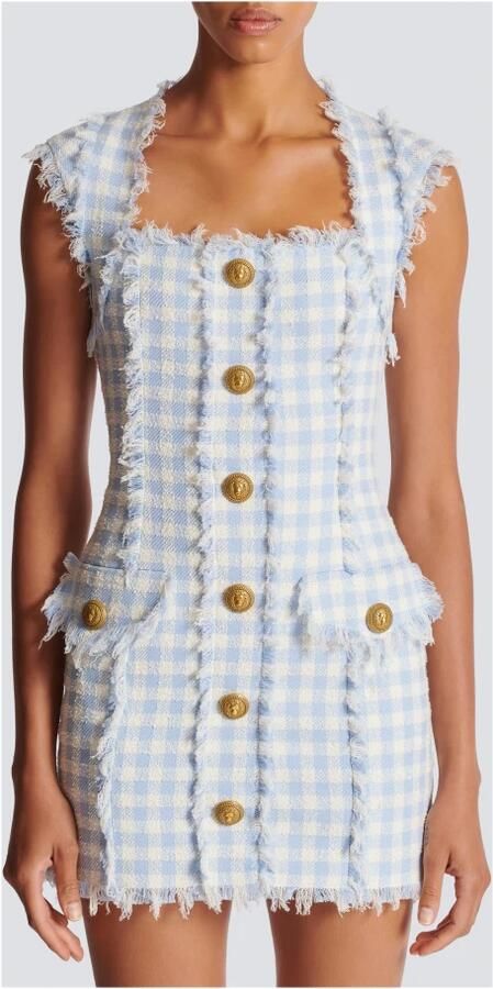 Balmain Lichtblauwe Vichy Tweed Mini Jurk Blue Dames - Foto 4