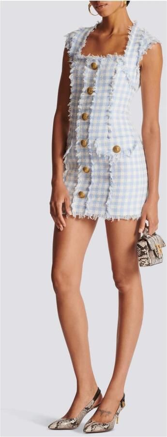 Balmain Lichtblauwe Vichy Tweed Mini Jurk Blue Dames - Foto 8