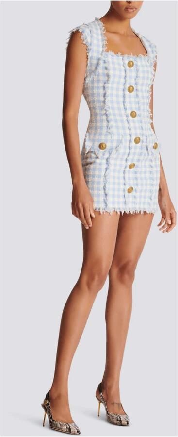 Balmain Lichtblauwe Vichy Tweed Mini Jurk Blue Dames - Foto 6