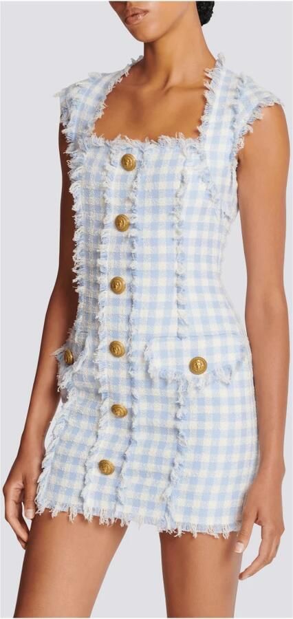 Balmain Lichtblauwe Vichy Tweed Mini Jurk Blue Dames - Foto 5