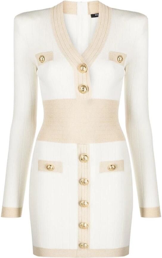Balmain Gouden Rand Gebreide Jurk in Beige Dames