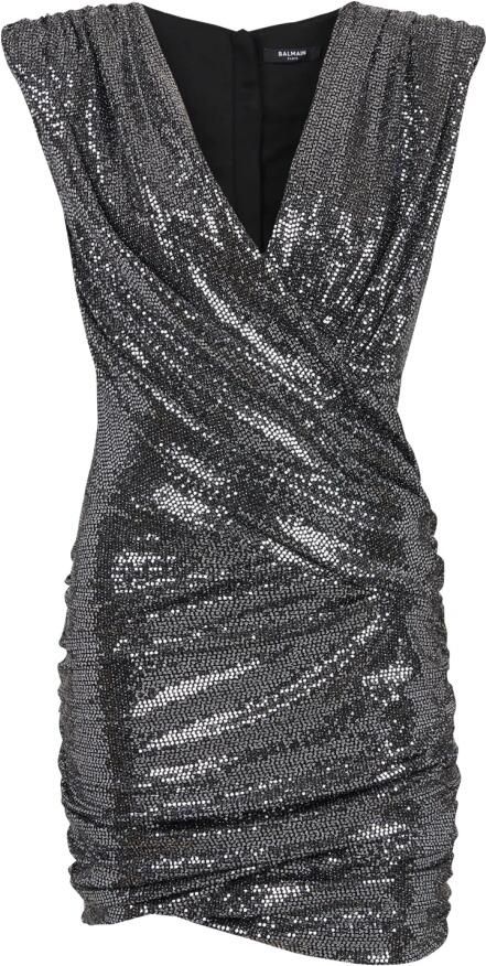 Balmain Korte gedrapeerde jurk van jersey met pailletten Grijs Dames