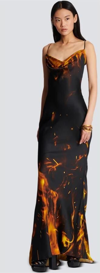 Balmain Lange satijnen jurk met print Fire Orange Dames - Foto 3
