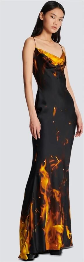 Balmain Lange satijnen jurk met print Fire Orange Dames - Foto 4