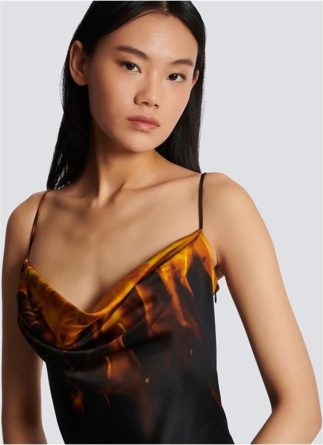 Balmain Lange satijnen jurk met print Fire Orange Dames