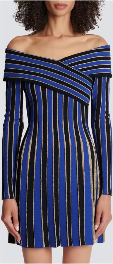 Balmain Robe en maille rayée métallisée Blauw Dames - Foto 4