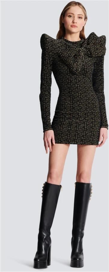 Balmain Monogram jacquard gestructureerde jurk met strik kraag Yellow Dames - Foto 4