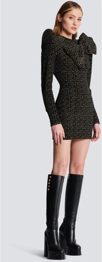 Balmain Monogram jacquard gestructureerde jurk met strik kraag Yellow Dames - Foto 5