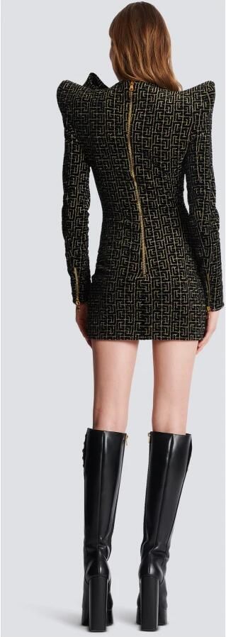 Balmain Monogram jacquard gestructureerde jurk met strik kraag Yellow Dames - Foto 6