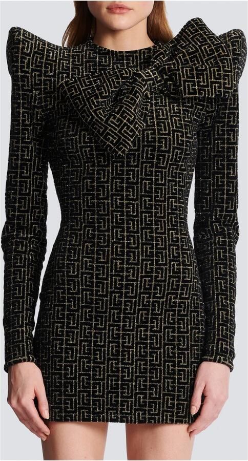 Balmain Monogram jacquard gestructureerde jurk met strik kraag Yellow Dames - Foto 3