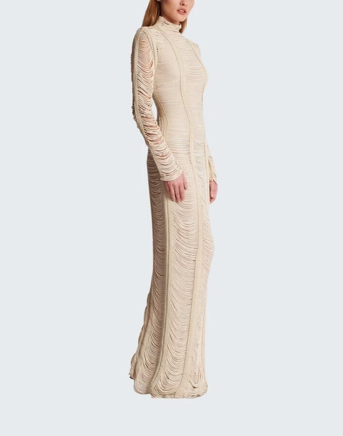 Balmain Lange jurk met opengewerkt macramé Beige Dames