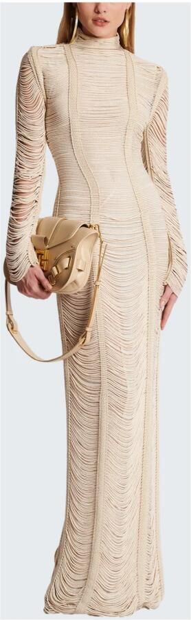 Balmain Lange jurk met opengewerkt macramé Beige Dames - Foto 5
