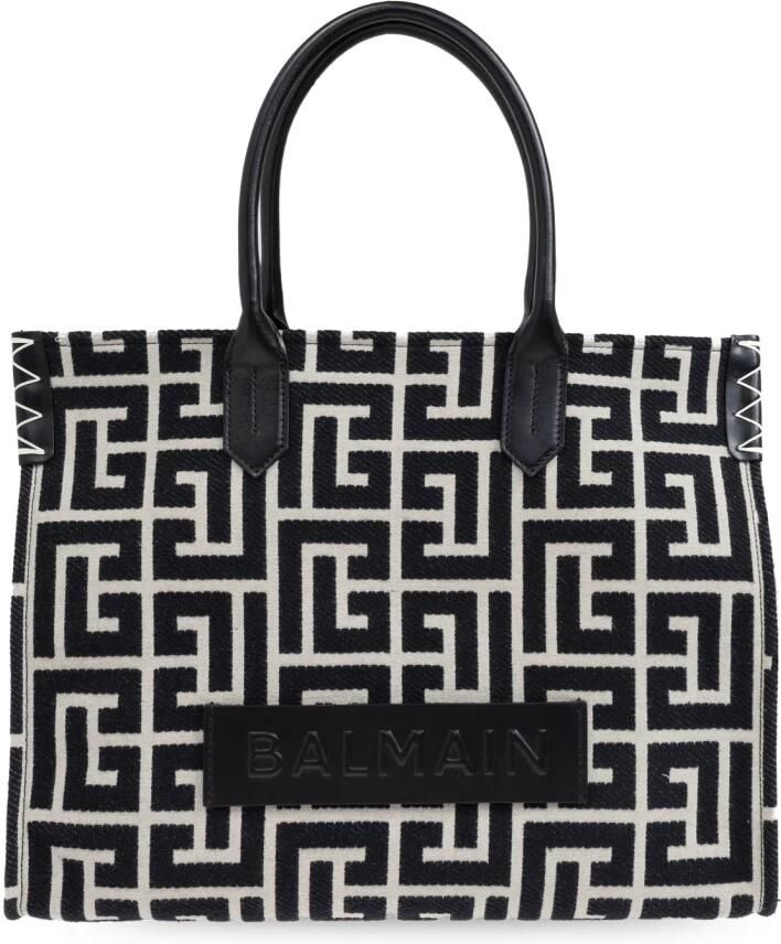 Balmain B-Army 42 monogram jacquard en leren tote tas Black Dames