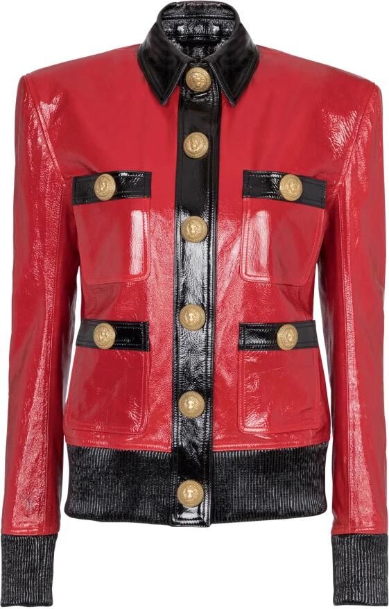Balmain Patent Leren Jas Lion Head Knopen Red Dames