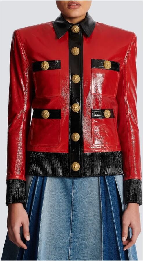 Balmain Patent Leren Jas Lion Head Knopen Red Dames - Foto 3