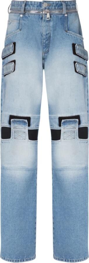 Balmain Vervaagde wijde katoenen jeans met klittenbandstrips Blue Heren