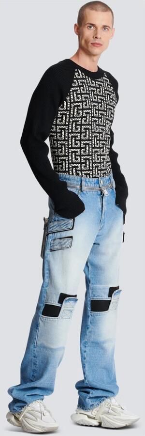 Balmain Vervaagde wijde katoenen jeans met klittenbandstrips Blue Heren - Foto 5