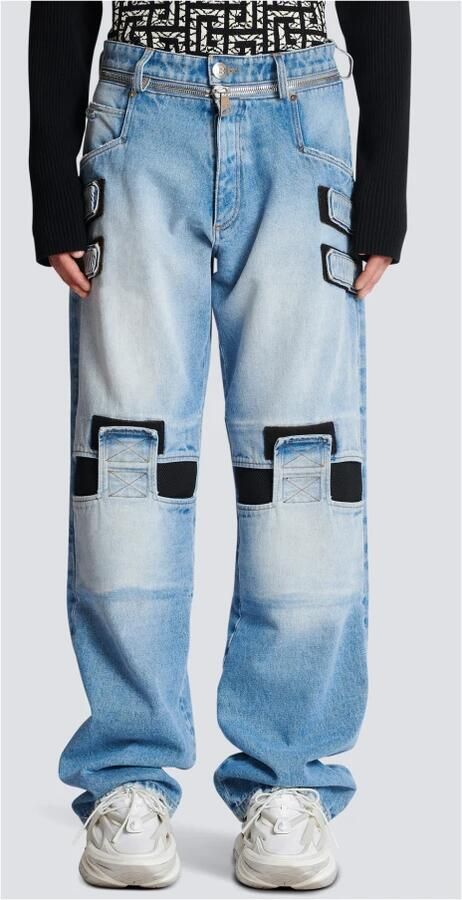 Balmain Vervaagde wijde katoenen jeans met klittenbandstrips Blue Heren - Foto 4
