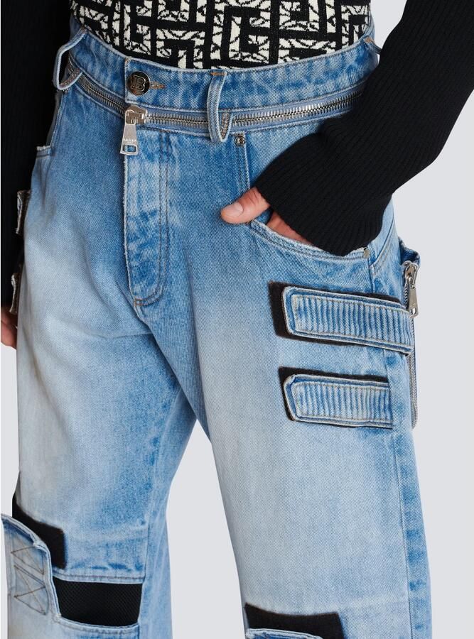 Balmain Vervaagde wijde katoenen jeans met klittenbandstrips Blue Heren - Foto 2